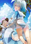  2girls absurdres arona_(blue_archive) ayu_(user_xkhp7843) beach bikini blue_archive blue_bikini blue_hair blue_halo blue_innertube blue_shirt colored_inner_hair commentary eyewear_on_head frilled_innertube hair_over_one_eye halo heart heart-shaped_eyewear highres innertube long_hair multicolored_hair multiple_girls ocean open_mouth outdoors pink_hair pink_halo plana_(blue_archive) sailor_collar see-through_clothes see-through_shirt see-through_skirt shirt short_hair skirt sky sunglasses swim_ring swimsuit symbol-only_commentary white_hair white_sailor_collar white_skirt 