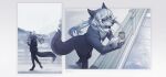 2024 anthro artist_name blue_eyes canid canine clothed clothing coffee_cup container cup dated ears_back female female_anthro fur grey_body grey_fur grey_hair hair hi_res holding_coffee_cup holding_container holding_cup holding_object mammal mouth_closed multicolored_hair outside pivoted_ears solo standing text two_tone_hair unknowhiter white_body white_fur white_hair