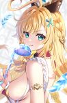  1girl :q aqua_eyes artist_name bare_shoulders blonde_hair blurry blurry_background braid breasts commentary cowlick dress escoffier_(genshin_impact) fork_hair_ornament frilled_dress frills from_side genshin_impact glint hair_between_eyes hand_up hat heart heart_in_eye highres holding holding_ladle ladle long_hair looking_at_viewer medium_breasts side_braid sideboob sidelocks signature solo symbol_in_eye tongue tongue_out turning_head upper_body very_long_hair wanatsu_15 white_background white_dress 