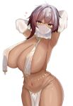  1girl absurdres armpits arms_behind_head breast_curtains breasts brown_hair cleavage closed_mouth collarbone commission cross dark-skinned_female dark_skin detached_sleeves gold_collar gradient_hair grey_hair harem_outfit highres huge_breasts indie_virtual_youtuber mouth_veil multicolored_hair navel ody_kishi pelvic_curtain savii_(vtuber) skeb_commission smile solo veil virtual_youtuber white_sleeves yellow_eyes 