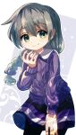  1girl black_pantyhose braid braided_ponytail green_eyes green_hair hidamari_sketch highres long_hair looking_at_viewer miniskirt natsume_(hidamari_sketch) pantyhose plusplushm purple_skirt purple_sweater skirt solo sweater 