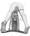  1girl aelion_draws anus artificial_eye ass breasts cyberpunk_(series) cyberpunk_2077 cyberpunk_edgerunners dark_anus english_commentary english_text from_behind greyscale highres leg_tattoo long_hair looking_at_viewer monochrome neck_tattoo nipples patreon_username presenting presenting_ass pussy pussy_juice rebecca_(cyberpunk) simple_background small_breasts soles solo stomach_tattoo tattoo thighs 