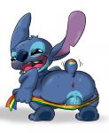 alien anthro anus balls bent_over big_butt blue_body blue_fur blush butt digital_media_(artwork) disney experiment_(lilo_and_stitch) fur genitals hi_res lgbt_pride lgbt_pride_month lilo_and_stitch macro710 male notched_ear open_mouth presenting presenting_hindquarters pride_color_flag rear_view simple_background solo stitch_(lilo_and_stitch) teeth thatweirdguy tongue