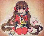  1girl :3 black_skirt blush blush_stickers bow brown_hair cleffa closed_eyes closed_mouth commentary_request crossover danganronpa_(series) danganronpa_v3:_killing_harmony eyelashes hair_ornament hair_scrunchie hand_on_another&#039;s_head happiny harukawa_maki igglybuff kneeling long_hair long_sleeves mole mole_under_eye mufksin no_shoes notice_lines open_mouth pichu pokemon pokemon_(creature) red_eyes red_shirt red_thighhighs scrunchie shirt skirt smile thighhighs togepi twintails twitter_username very_long_hair white_bow 