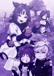  2girls 4boys :d :i ^_^ absurdres alternate_universe ama_(pixiv_50406250) android antenna_hair bag blank_eyes box brothers cape cardboard_box chara_(undertale) chinese_commentary closed_eyes closed_mouth commentary_request eating english_commentary extra_arms extra_eyes facial_hair fangs food food_on_face frisk_(undertale) gloves hair_over_one_eye highres holding holding_bag holding_box holding_food hood hood_down hooded_jacket jacket looking_at_viewer mechanical_arms mettaton mettaton_ex mixed-language_commentary monochrome muffet muffin multiple_boys multiple_girls one_eye_covered open_clothes open_jacket open_mouth outdoors papyrus_(undertale) puffy_short_sleeves puffy_sleeves purple_theme sans_(undertale) scar scar_across_eye scar_on_face short_hair short_sleeves siblings skeleton skin_fangs sky smile sparkle sweatdrop tongue tree two_side_up undertale xtale 
