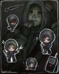  ! !! 1boy bad_anatomy bad_hands bags_under_eyes black_eyes black_gloves black_hair blood blood_from_forehead blood_on_face border chibi chibi_inset clip_studio_paint_(medium) closed_eyes cry_of_fear crying dual_persona fingerless_gloves gloves grey_hoodie hand_on_own_face hand_on_own_head highres holding holding_phone hood hood_up hoodie imminent_self-harm leukocoria looking_at_viewer male_focus multiple_views open_mouth phone prozakhungry short_hair simon_henriksson simon_henriksson_(book) standing standing_on_one_leg syringe teeth upper_body upper_teeth_only white_border wrist_cutting 