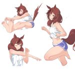  &gt;_&lt; 1girl animal_ears bare_shoulders barefoot breasts brown_eyes brown_hair c-eye camisole cleavage crop_top from_side horse_ears horse_girl looking_at_viewer looking_to_the_side multicolored_hair multiple_views nice_nature_(umamusume) one_eye_closed open_mouth purple_shorts shorts simple_background soles solo streaked_hair stretching trembling twintails umamusume white_background white_camisole 