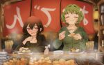  2girls :d :t black_hair black_jacket black_shirt blush bonnouji_momoha breasts bug butterfly casual chopsticks cleavage closed_eyes closed_mouth collarbone crossed_bangs eating elbow_on_table fang flower food green_hair green_hoodie hair_between_eyes hair_flower hair_ornament height_difference highres holding holding_chopsticks holding_plate hood hoodie jacket kimi_no_koto_ga_dai_dai_dai_dai_daisuki_na_100-nin_no_kanojo kusanochika lantern long_sleeves looking_at_another multiple_girls night noren nose_blush oden open_mouth plate plate_stack shirt short_bangs short_hair smile soy_sauce_bottle thick_eyebrows tofu white_butterfly white_shirt wolf_cut yasashiki_yamame 