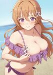  1girl bare_shoulders bikini blue_sky blurry blurry_background blush breasts cleavage closed_mouth commentary day frilled_bikini_top hair_between_eyes highres konoe_kanata large_breasts long_hair looking_at_viewer love_live! love_live!_nijigasaki_high_school_idol_club navel ocean off-shoulder_bikini off_shoulder orange_hair outdoors polka_dot polka_dot_bikini purple_bikini purple_eyes side-tie_bikini_bottom sky solo stomach swimsuit symbol-only_commentary toyasu_aina 