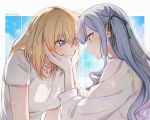  2girls bak_pep bang_dream! bang_dream!_it&#039;s_mygo!!!!! black_ribbon blonde_hair blue_hair blush closed_mouth commentary eye_contact hair_ribbon hands_on_another&#039;s_cheeks hands_on_another&#039;s_face korean_commentary long_hair looking_at_another medium_hair misumi_uika multiple_girls purple_eyes ribbon shirt short_sleeves sidelocks three-quarter_sleeves togawa_sakiko twitter_username upper_body white_shirt yellow_eyes yuri 