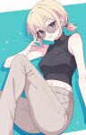  1girl bang_dream! bang_dream!_it&#039;s_mygo!!!!! black_sweater blonde_hair breasts brown_pants commentary cropped_sweater e20 hair_between_eyes highres looking_at_viewer medium_breasts misumi_uika navel open_mouth pants ponytail purple_eyes short_ponytail sleeveless sleeveless_sweater solo stomach sunglasses sweater 