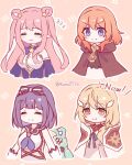  4girls absurdres black_bow black_shirt blonde_hair blue_eyes blue_neckerchief blue_ribbon blue_shirt blue_sleeves blush_stickers bob_cut bow breasts brooch brown_cloak clear_(princess_connect!) cloak closed_eyes closed_mouth commentary_request cropped_torso crown_ornament deformed detached_sleeves double-parted_bangs elbow_gloves english_text facing_viewer framed_breasts gloves hair_bow hair_ornament hair_over_shoulder hair_rings hairclip hatsune_(princess_connect!) highres hood hood_down hooded_cloak jewelry long_hair looking_at_viewer low_side_ponytail medium_hair misora_(princess_connect!) muimi_(princess_connect!) multiple_girls neck_ribbon neckerchief open_mouth orange_hair outline pendant pink_hair pointy_ears princess_connect! purple_hair ribbon runa_(runa7733) shirt sidelocks sleeping sleeveless sleeveless_shirt smile star_(symbol) star_brooch star_hair_ornament striped_bow stuffed_toy torn_clothes torn_shirt twitter_username v-shaped_eyebrows white_cloak white_gloves white_outline white_shirt wing_hair_ornament yellow_eyes zzz 