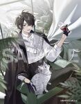  1boy :d alcohol black_gloves black_hair black_jacket black_pants blurry brown_eyes cat commentary_request copyright_notice cup depth_of_field gloves hair_between_eyes holding holding_cup jacket jacket_on_shoulders leaf lower_teeth_only male_focus nijisanji official_art pants sample_watermark shirt sitting smile solo teeth tongue virtual_youtuber watermark white_shirt wine yukko_(matakite_4kaku) yumeoi_kakeru 