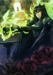  2girls a-er_(akkij0358) arm_up black_cloak black_crown black_dress black_hair blonde_hair blurry blurry_foreground breasts checkered_background cloak commentary_request crown doorway dress evil_smile fire floating_skull flower from_behind fur-trimmed_cloak fur_trim green_fire highres leaf long_hair looking_to_the_side medium_breasts multiple_girls orange_eyes original parted_lips red_flower red_rose rose skeleton skull smile snow_white&#039;s_queen_(fairy_tale_character) snow_white_(fairy_tale) snow_white_(fairy_tale_character) stairs thorns 