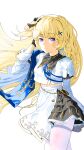  1girl absurdres atzza_a black_bow black_collar black_gloves blonde_hair blue_sash bow breasts closed_mouth collar commentary_request cowboy_shot gloves hair_bow hair_ornament hand_up high-waist_skirt highres large_breasts light_blush long_hair long_sleeves looking_at_viewer no_headwear pantyhose partial_commentary phoebe_(wuthering_waves) purple_eyes sash shirt simple_background skirt smile solo striped_bow thighband_pantyhose very_long_hair white_background white_pantyhose white_shirt white_skirt wuthering_waves x_hair_ornament 