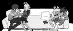  1girl 1other aged_down animal_ears antlers bandaid bandaid_on_knee bandaid_on_leg book bow braid checkered_sweater_vest commentary couch deer_antlers deer_ears deer_girl deltarune demon_horns english_text fake_horns frilled_pillow frills furry furry_female greyscale hair_bow handheld_game_console heart highres holding holding_another&#039;s_wrist holding_handheld_game_console hood hoodie horn_hairband horns jewelry kris_(deltarune) long_hair long_sleeves monochrome multiple_hair_bows nas_u noelle_holiday on_couch pants pillow ring shirt short_hair sitting skirt slippers speech_bubble spot_color striped_clothes striped_shirt sweat thorn_ring_(deltarune) throw_pillow twin_braids weird_route_(deltarune) 
