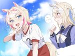  2girls alonekm alternate_animal_ears alternate_tail animal_ears bandaid bandaid_hair_ornament blonde_hair blue_eyes blue_hair blue_hairband blue_sky blush bow bowtie buruma closed_mouth commentary crossed_bangs day english_text fang fuwawa_abyssgard gym_uniform hair_between_eyes hair_intakes hair_ornament hairband highres hololive hololive_english horse_ears horse_girl horse_tail horseshoe_ornament long_hair long_sleeves looking_at_another mococo_abyssgard multicolored_hair multiple_girls open_mouth outdoors pink_eyes pink_hair pink_hairband race_bib red_buruma school_uniform shirt short_hair skin_fang sky smile streaked_hair symbol-only_commentary tail tracen_school_uniform tracen_training_uniform two_side_up umamusume upper_body virtual_youtuber white_bow white_bowtie white_shirt winter_uniform x_hair_ornament 