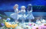  3girls :d arms_behind_back bench blonde_hair blue_eyes blue_flower blue_hair blue_ribbon breast_pocket breasts daisy_(flower) dress facing_another facing_away flower game_cg gradient_hair green_eyes hair_flower hair_ornament hair_ribbon hasu_no_sora_school_uniform highres hinoshita_kaho hood hood_up link!_like!_love_live! love_live! medium_breasts medium_dress multicolored_hair multiple_girls murano_sayaka neckerchief night night_sky non-web_source official_art open_mouth orange_hair osawa_rurino outdoors parted_bangs pink_flower plant pleated_dress pocket profile puffy_short_sleeves puffy_sleeves rabbit_hair_ornament red_neckerchief red_ribbon ribbon rooftop sailor_collar school_uniform short_sleeves sky smile standing star_(sky) star_(symbol) star_hair_ornament starry_sky straight-on streaked_hair summer_uniform twintails two_side_up vines virtual_youtuber white_flower white_sailor_collar wooden_bench yellow_flower 