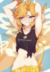  1girl armpits arms_up bare_arms bird_tail black_tank_top blonde_hair blonde_pubic_hair clothes_writing commentary dokibird_(vtuber) dokibird_(vtuber)_(summer) ear_piercing eyes_visible_through_hair female_pubic_hair green_eyes highres indie_virtual_youtuber jewelry long_hair midriff navel official_alternate_costume pendant piercing pointy_ears pubic_hair pubic_hair_peek ricegnat scrunchie shirt solo sweat sweaty_armpits tail tank_top tied_shirt upper_body virtual_youtuber wrist_scrunchie 