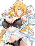  1girl ahoge arms_up bed_sheet black_bra black_panties blonde_hair bra breasts cleavage closed_mouth green_eyes head_on_pillow highres hoshii_miki idolmaster idolmaster_(classic) lace-trimmed_bra lace-trimmed_panties lace_trim large_breasts long_hair long_sleeves looking_at_viewer lying navel on_back on_bed one_eye_closed panties partially_unbuttoned pillow shirt smile solo steaming_body underwear white_shirt zenoo 