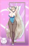  1girl absurdres animal_ears aqua_bow aqua_bowtie aqua_leotard armpits arms_behind_head asuna_(blue_archive) asuna_(bunny)_(blue_archive) blonde_hair blue_archive blue_eyes bow bowtie breasts brown_pantyhose cleavage eleditor fake_animal_ears full_body gloves high_heels highres large_breasts leotard long_hair looking_at_viewer mirror mole mole_on_breast pantyhose pink_background playboy_bunny rabbit_ears reflection solo standing strapless strapless_leotard very_long_hair white_gloves 
