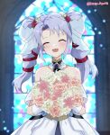  1girl bare_shoulders bouquet bride closed_eyes dress facing_viewer fire_emblem fire_emblem:_genealogy_of_the_holy_war fire_emblem_heroes flower gloves hair_flower hair_ornament highres holding holding_bouquet kotoriya_kuguri long_hair official_alternate_costume open_mouth purple_hair red_flower red_rose rose solo stained_glass tine_(determined_bride)_(fire_emblem) tine_(fire_emblem) twintails twitter_username wedding_dress white_dress white_flower white_gloves white_rose 