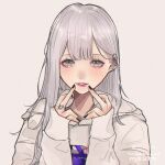  1girl aegyo_sal artist_logo barbell_piercing black_nails commentary_request earrings eyelashes eyeshadow grey_background grey_eyes grey_hair grey_hoodie hands_up heart_ring highres hood hood_down hoodie jewelry light_smile lips lipstick logo long_hair long_sleeves looking_at_viewer makeup mano_aaa multiple_rings nail_polish original parted_lips piercing pink_eyeshadow pink_lips ring simple_background sleeves_past_wrists solo stud_earrings upper_body 