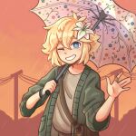  1boy alternate_costume antenna_hair artist_name bandaid_on_finger basil_(faraway)_(omori) basil_(omori) blonde_hair blue_eyes blush bright_pupils flower grin hair_flower hair_ornament highres holding holding_umbrella looking_at_viewer male_focus omori outdoors parted_lips power_lines shirt short_hair short_sleeves shxro524 smile solo sunset t-shirt teeth umbrella white_pupils 