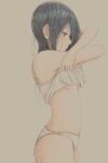  1girl absurdres bbmasa black_hair breasts camisole camisole_lift closed_mouth clothes_lift cowboy_shot from_side gradient_background hibike!_euphonium highres lifting_own_clothes liz_to_aoi_tori long_hair medium_breasts navel panties profile red_eyes solo traditional_media underwear underwear_only undressing white_camisole white_panties yellow_background yoroizuka_mizore 