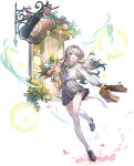  1girl bag black_hairband bouquet bow breasts brown_shoes colored_tips falling_petals firefly_(honkai:_star_rail) firefly_(spring_missive)_(honkai:_star_rail) game_cg gradient_hair green_bow green_hair grey_hair grey_sailor_collar grey_skirt hairband highres holding holding_bag holding_bouquet honkai:_star_rail honkai_(series) long_hair long_sleeves medium_breasts miniskirt multicolored_hair non-web_source official_art open_mouth paper_bag penny_loafers petals sailor_collar sam_(honkai:_star_rail) school_uniform serafuku shoes sign skirt smile solo teeth thighhighs transparent_background upper_teeth_only white_thighhighs window zettai_ryouiki 