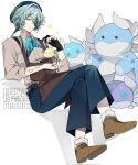  1boy anaxa_(honkai:_star_rail) anaxa_(ingenuity)_(honkai:_star_rail) apron aqua_hair arm_tattoo bird black_gloves blue_eyes blue_hat blue_pants brown_apron brown_shoes closed_mouth collared_shirt crossed_legs english_text full_body gloves grey_shirt half-closed_eyes hat highres honkai:_star_rail honkai_(series) jewelry male_focus medium_hair multiple_rings oo_1y pants partially_fingerless_gloves pink_pupils ring shadow shirt shoes side_ponytail single_glove sitting smile solo star_(symbol) tattoo twitter_username watermark white_background 