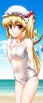  beach blonde_hair byeontae_jagga flandre_scarlet hat long_hair one-piece_swimsuit red_eyes school_swimsuit see-through shiny shiny_clothes skindentation solo swimsuit touhou wet wet_clothes wings 