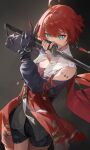  1girl absurdres ahoge black_bodysuit black_gloves blue_eyes bodysuit collar commentary cowboy_shot danjin_(wuthering_waves) earrings fingerless_gloves gloves hair_intakes hair_ornament highres holding holding_sword holding_weapon hoop_earrings jewelry long_sleeves looking_at_viewer red_eyes red_hair red_tabard short_hair single_fingerless_glove solo sword tabard tacet_mark_(wuthering_waves) ttk_(kirinottk) v-shaped_eyebrows weapon white_collar wuthering_waves 