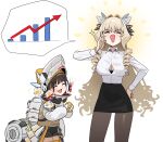 2girls :3 ^_^ absurdres alternate_costume backpack bag bar_chart black_bra black_skirt blonde_hair blunt_bangs blush bra bra_peek breasts brown_hair chime_(nikke) closed_eyes collared_shirt commentary cowboy_shot crown_(nikke) drill_hair drill_sidelocks emphasis_lines gloves goddess_of_victory:_nikke graph hair_intakes hand_on_own_hip hand_up helm helmet highres hip_armor large_breasts laughing long_hair long_sleeves miniskirt multiple_girls ojou-sama_pose open_mouth own_hands_together pantyhose partially_unbuttoned puffy_sleeves shiny_skin shirt short_hair sidelocks simple_background skirt sparkle stock_chart unbuttoned unbuttoned_shirt underwear upper_body very_long_hair wge white_background white_knight_(nikke) white_shirt 