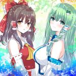  2girls ascot blush bow breasts brown_eyes brown_hair closed_mouth commentary_request detached_sleeves frilled_bow frilled_hair_tubes frills frog_hair_ornament green_eyes green_hair hair_bow hair_ornament hair_tubes hakurei_reimu highres kochiya_sanae large_breasts long_hair looking_at_viewer multiple_girls open_mouth red_bow red_skirt ribbon-trimmed_sleeves ribbon_trim single_hair_tube skirt skirt_set smile snake_hair_ornament sparkle tomo_(uguisu-tei) touhou yellow_ascot 