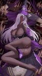 1girl absurdres areola_slip ass bare_legs bare_shoulders black_dress black_panties blurry blurry_background blush book breasts candle cum cum_on_ass cum_on_body dark-skinned_female dark_skin detached_sleeves dress eeyoosekedooaat elden_ring elden_ring_nightreign hat high_heels highres indoors large_breasts legs long_hair long_sleeves looking_at_viewer open_book panties purple_eyes recluse_(elden_ring) solo thighs underwear white_hair witch_hat 