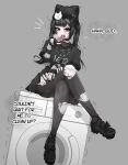  1girl absurdres animal_ear_headwear animal_ears arm_warmers beanie black_arm_warmers black_bow black_choker black_eyes black_hair black_hat black_nails black_pantyhose black_shirt black_shoes blush bow breath choker clothes_writing commentary commission crossed_legs english_commentary english_text fake_animal_ears fang fingernails grey_background hand_on_own_thigh hand_to_own_mouth hand_up hat highres knee_up long_fingernails long_hair looking_at_viewer mayoa multicolored_hair notice_lines o-ring o-ring_choker open_mouth original pantyhose raised_inner_eyebrows shirt shoes short_sleeves simple_background sitting skin_fang smile solo striped_arm_warmers torn_clothes torn_pantyhose two-tone_hair washing_machine white_arm_warmers white_hair 