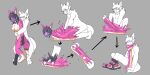2011 2:1 anthro ayase_(ayasebunny) biped black_hair black_markings boots breasts canid canine clothed clothing clothing_transformation colored countershading dipstick_tail directional_arrow duo female female_anthro footwear fox fur gag gagged goo_transformation hair horn inanimate_transformation kneeling male male_anthro mammal markings mxl nipples nude purple_body scarf sequence shoes simple_background sitting sitting_on_ground standing tail tail_markings transformation what white_body white_countershading white_markings worried