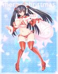  1girl animal_ear_headphones animal_ears bikini black_hair boots breasts cat_ear_headphones christmas emil_chronicle_online fake_animal_ears gift headphones highres large_breasts navel plump red_eyes santa_bikini santa_costume serizawa_(knight2020) standing swimsuit syugoma_kanade thigh_boots twintails 