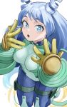  1girl absurdres blue_bodysuit blue_eyes blue_hair bodysuit boku_no_hero_academia breasts covered_navel drill_hair energy fengling_(furin-jp) gloves green_bodysuit hado_nejire hair_horns hetero highres large_breasts long_hair looking_at_viewer multicolored_bodysuit navel open_mouth simple_background skin_tight solo superhero_costume twin_drills very_long_hair white_background yellow_gloves 