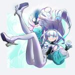  :o absurdres aqua_jacket between_fingers blunt_ends bodysuit breasts card card_between_fingers eudie_(shadowverse) floating floating_hair full_body highres holding jacket lotan shadowverse shadowverse:_worlds_beyond small_breasts white_bodysuit 