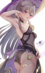  1girl armpits black_dress black_panties black_pantyhose blush breasts chuuna_(unagiunazy) commentary_request dress fingernails from_side grey_hair hair_between_eyes hand_up hat herta_(honkai:_star_rail) highres honkai:_star_rail honkai_(series) lace-trimmed_panties lace_trim large_breasts long_hair looking_at_viewer looking_down looking_to_the_side nail_polish open_mouth panties pantyhose purple_eyes purple_hat purple_nails solo strapless strapless_dress the_herta_(honkai:_star_rail) torn_clothes torn_pantyhose underwear very_long_hair 