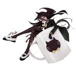  1girl a4_(a4_eishi) ahoge animal_print black_coat black_gloves black_hair black_pantyhose black_shirt cat_print coat coffee collared_shirt cup ear_tag earrings gloves hair_between_eyes highres holding holding_cup jewelry long_bangs long_hair long_hair_between_eyes long_sleeves manhattan_cafe_(umamusume) mug multicolored_hair necktie one_eye_closed pantyhose shirt shoes single_earring sitting solo spilling umamusume very_long_hair white_hair white_shoes yellow_eyes yellow_necktie 