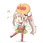  1girl :d anpanman anpanman_(character) arms_up beamed_eighth_notes black_shoes blush_stickers brown_hair chibi clothes_around_waist clothes_writing eighth_note elf elu_(1st_costume)_(nijisanji) elu_(nijisanji) fairy_wings full_body green_wings grey_skirt i_heart... long_hair lowres musical_note nijisanji pleated_skirt pointy_ears rebecca_(keinelove) red_thighhighs shadow shirt shoes short_sleeves side_ponytail simple_background skirt smile thighhighs very_long_hair virtual_youtuber white_background white_shirt wings |_| 