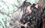  2boys against_tree arms_up bishounen black_coat black_hair black_hanfu blindfold blurry blurry_background bound bound_wrists branch chinese_clothes closed_eyes closed_mouth coat flower french_kiss gearous hair_down hair_ribbon half_updo hanfu headband high_ponytail highres holding_another&#039;s_wrist hug kiss lan_wangji long_hair long_sleeves lying male_focus modao_zushi multiple_boys official_alternate_costume official_alternate_hairstyle official_art on_back open_clothes open_coat outdoors ponytail red_ribbon red_sash ribbon robe sash sidelocks sunlight third-party_source tree upper_body wei_wuxian wei_wuxian_(yiling_laozu) white_flower white_hanfu white_headband wide_sleeves xiao_guan_(headdress) yaoi 