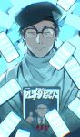  1boy beret black_hat blue_theme book cellphone closed_eyes closed_mouth commentary_request facing_viewer glasses hat kisaragi_tsutomu male_focus monochrome phone robe saida_(ohda_ooda) short_hair smartphone solo spoilers spot_color too_many toshi_densetsu_kaitai_center translation_request upper_body 