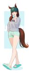  1girl alternate_costume animal_ears baseball_cap brown_eyes brown_hair c-eye commentary ears_through_headwear food full_body green_hat green_shorts grey_shirt hat highres holding holding_food holding_ice_cream horse_ears horse_girl ice_cream long_sleeves looking_at_viewer medium_hair multicolored_hair nice_nature_(umamusume) sandals shirt shorts solo streaked_hair symbol-only_commentary umamusume walking 