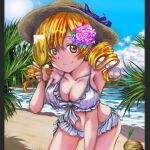  1girl beach blonde_hair blue_sky breasts cleavage cloud coconut commentary_request cup day drill_hair drinking_glass flower hair_flower hair_ornament holding holding_cup large_breasts mahou_shoujo_madoka_magica palm_leaf purple_flower shore sky solo tomoe_mami twin_drills ura47869454 water yellow_eyes 
