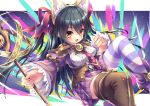  1girl animal_ear_hairband animal_ears black_hair boots breasts emil_chronicle_online fake_animal_ears frilled_sleeves frills hair_ribbon hairband highres large_breasts long_hair open_mouth purple_boots ribbon staff striped_clothes striped_thighhighs syugoma_kanade thighhighs thighs yellow_eyes yupi828 