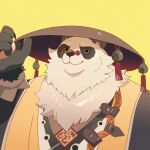  1boy animal_ears bara bell black_fur bracelet chinese_clothes closed_mouth commentary_request fat fooring furry furry_male hand_on_headwear highres jewelry jingle_bell looking_at_viewer male_focus multicolored_fur pan_yinhu panda_boy panda_ears pawpads plump raised_eyebrow round_eyewear shirt smile spiked_bracelet spikes white_fur wok yellow_background yellow_shirt zenless_zone_zero 